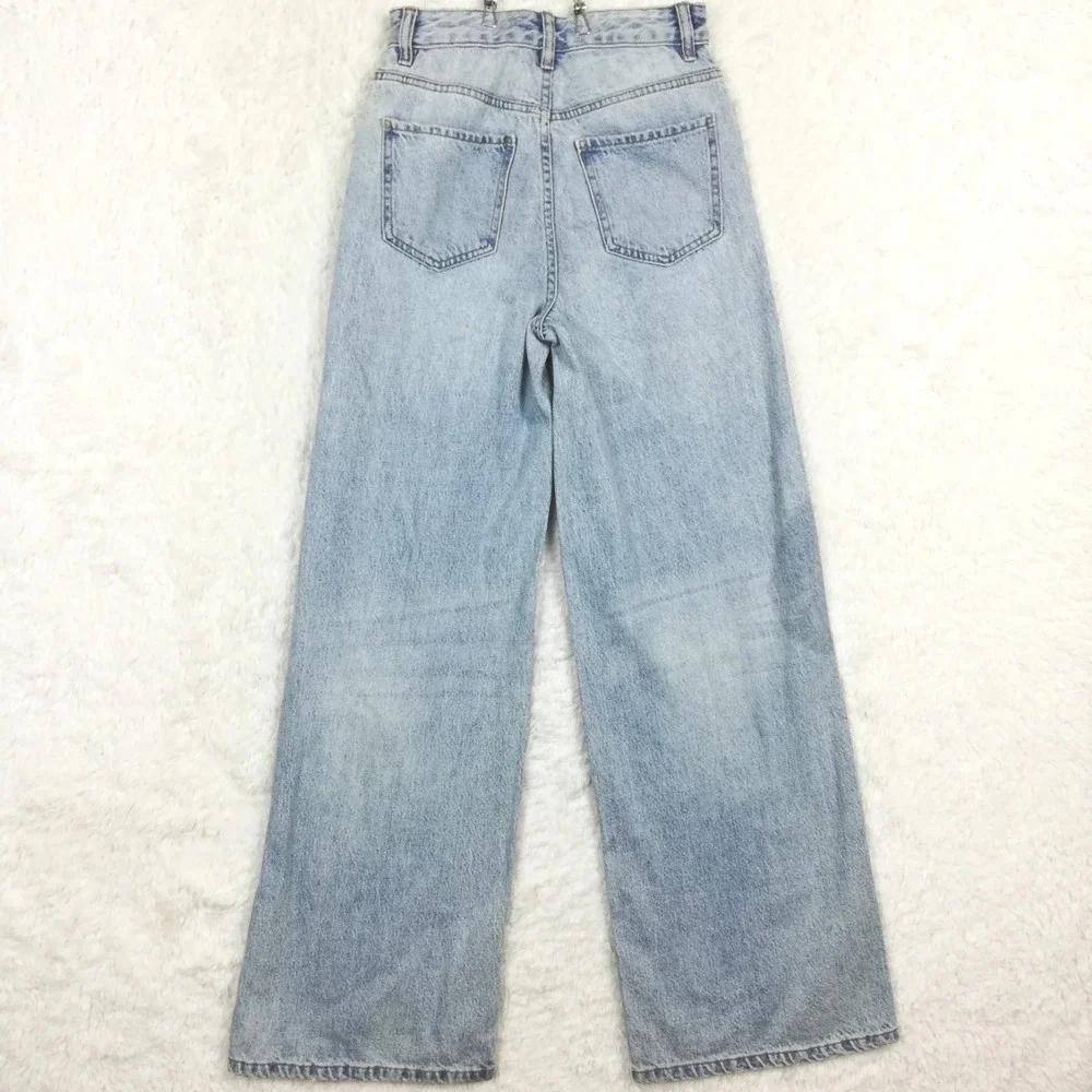 Pacsun‎ Womens Jeans Puddle Wide Leg High Rise Blue Denim Distressed Light 24